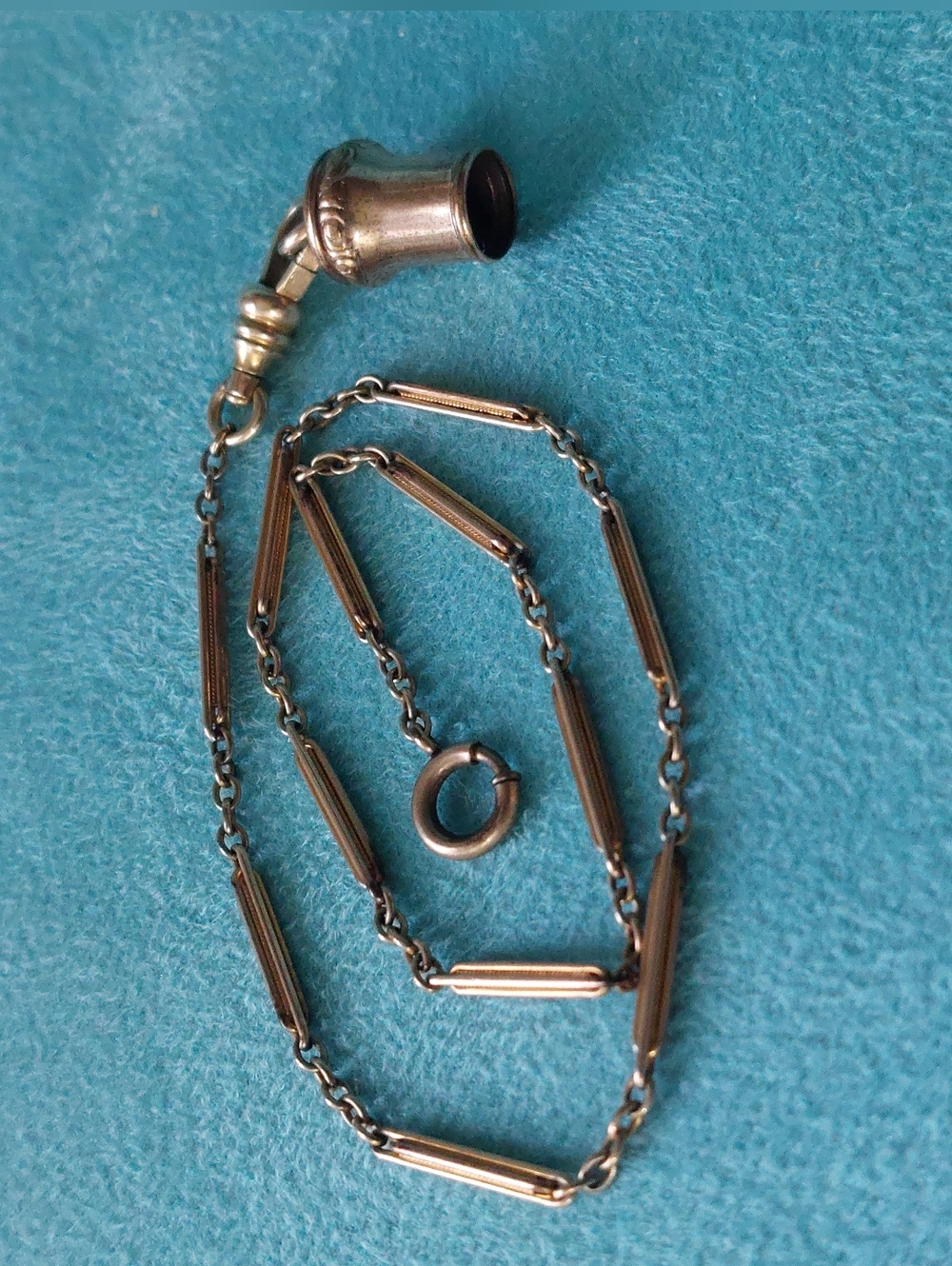 Victorian-era Bar-Link Walderman 12" Watch Chain, 14K 1-10 Gold Filled w/Fob